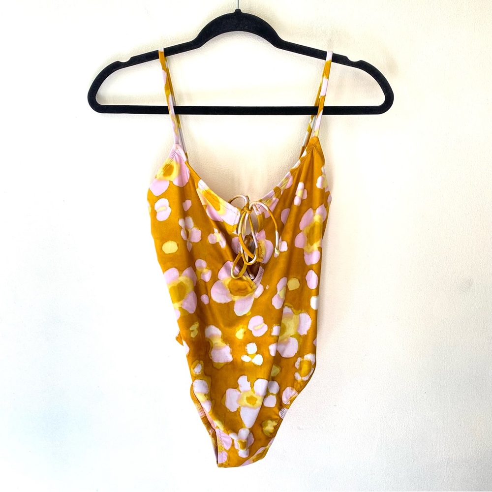 Madewell Second Wave Watercolor floral print tie front one piece swimsuit size S